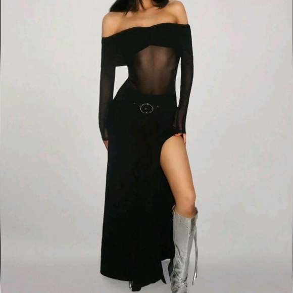Gathered Foldover Off Shoulder Mesh Panel High Slit Maxi Dress - Picture 1 of 4